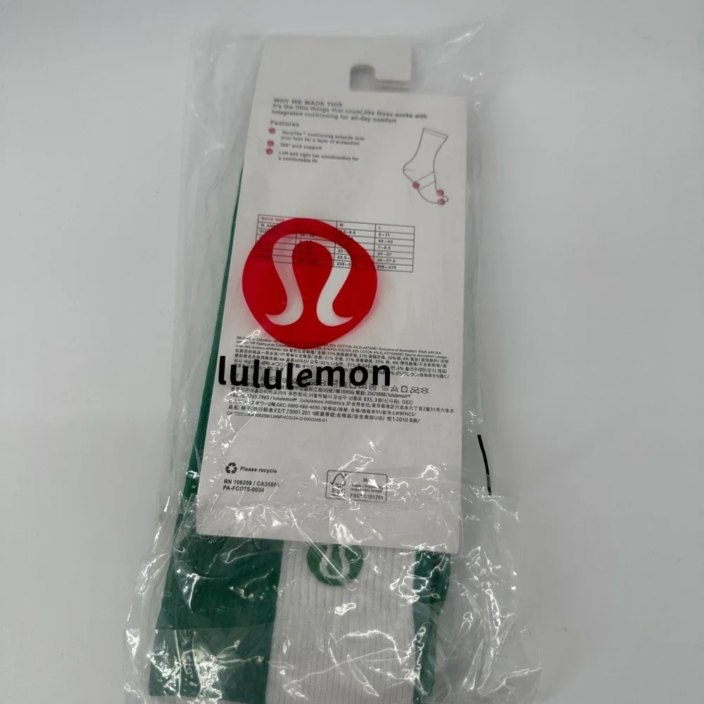 Lululemon Crew Socks M/L Daily Essentials Stride Ribbed Green White NEW